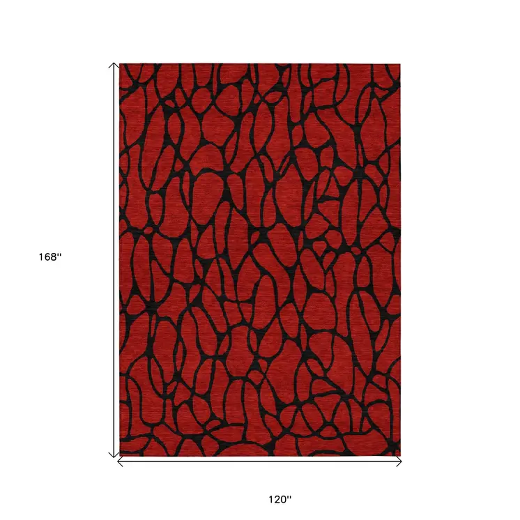 10' X 14' Red And Black Geometric Washable Indoor Outdoor Area Rug