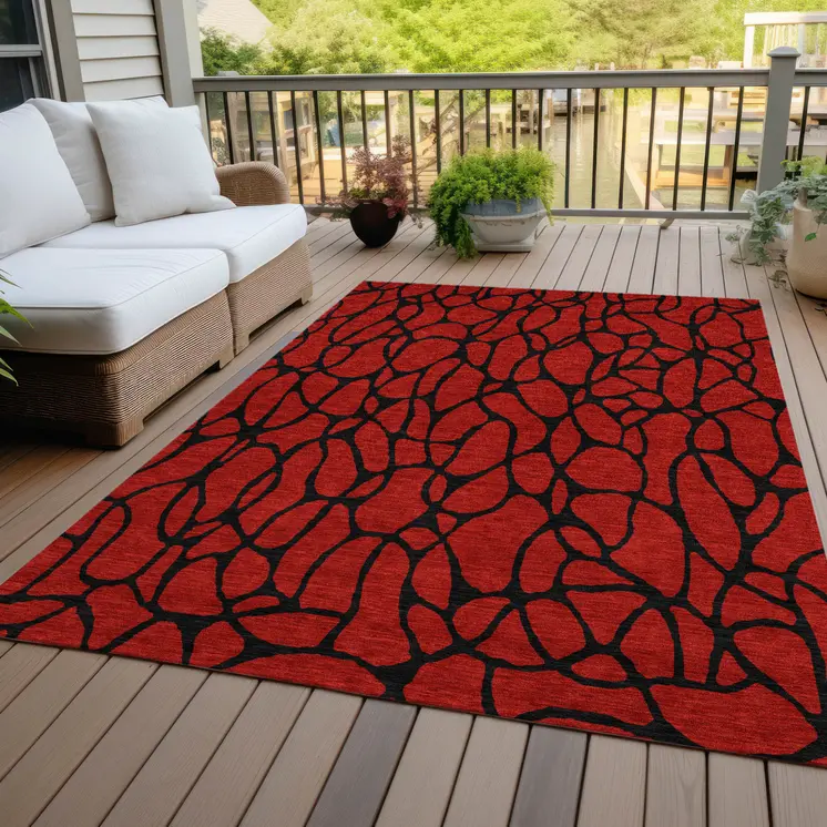 10' X 14' Red And Black Geometric Washable Indoor Outdoor Area Rug