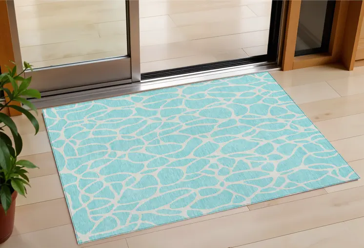 3' X 5' Aqua And Ivory Geometric Washable Indoor Outdoor Area Rug