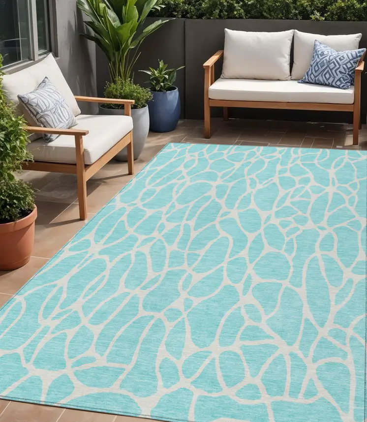 5' X 8' Aqua And Ivory Geometric Washable Indoor Outdoor Area Rug