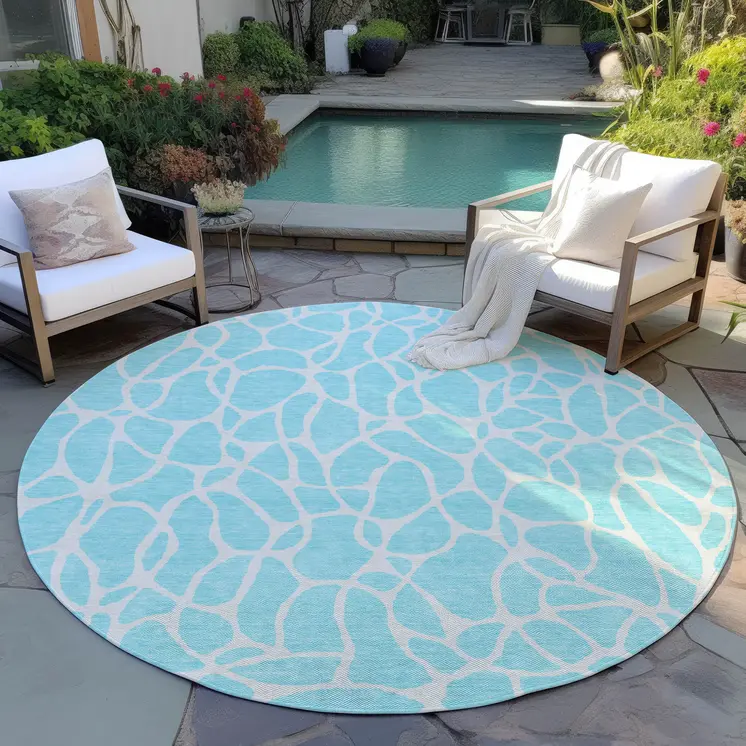8' Aqua And Ivory Round Geometric Washable Indoor Outdoor Area Rug