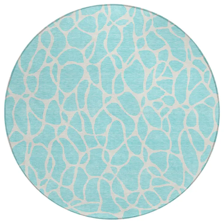 8' Aqua And Ivory Round Geometric Washable Indoor Outdoor Area Rug