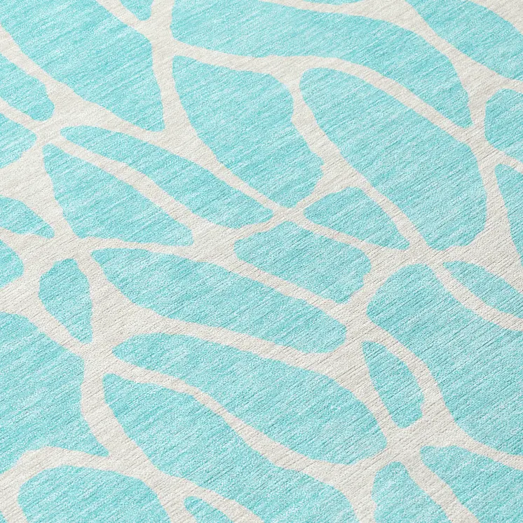 8' Aqua And Ivory Round Geometric Washable Indoor Outdoor Area Rug