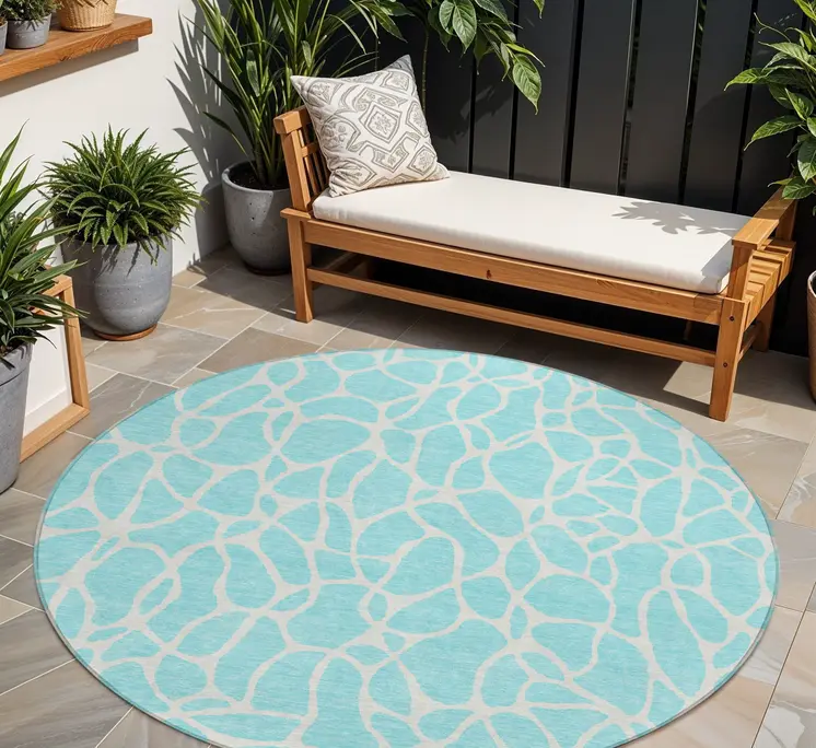 8' Aqua And Ivory Round Geometric Washable Indoor Outdoor Area Rug