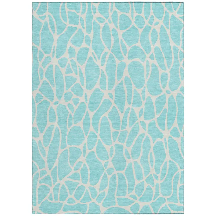 8' X 10' Aqua And Ivory Geometric Washable Indoor Outdoor Area Rug