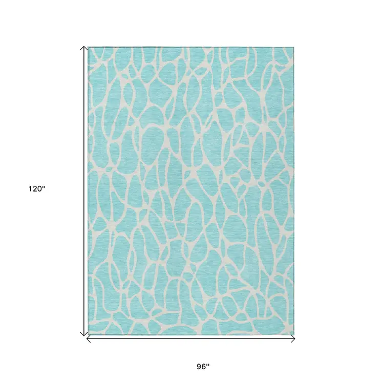 8' X 10' Aqua And Ivory Geometric Washable Indoor Outdoor Area Rug