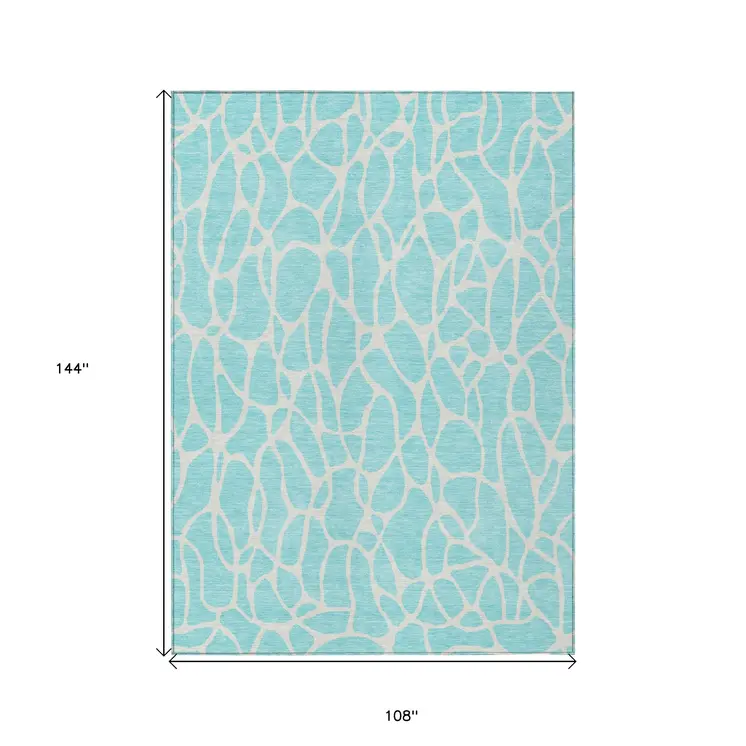 9' X 12' Aqua And Ivory Geometric Washable Indoor Outdoor Area Rug