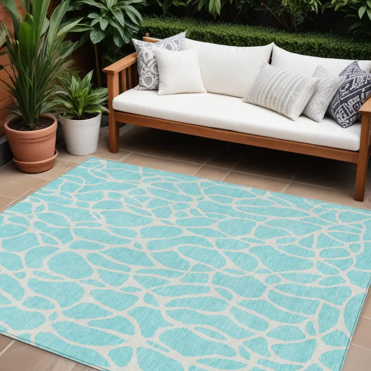 9' X 12' Aqua And Ivory Geometric Washable Indoor Outdoor Area Rug