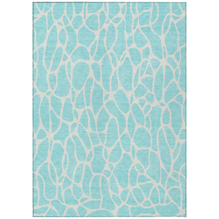 9' X 12' Aqua And Ivory Geometric Washable Indoor Outdoor Area Rug