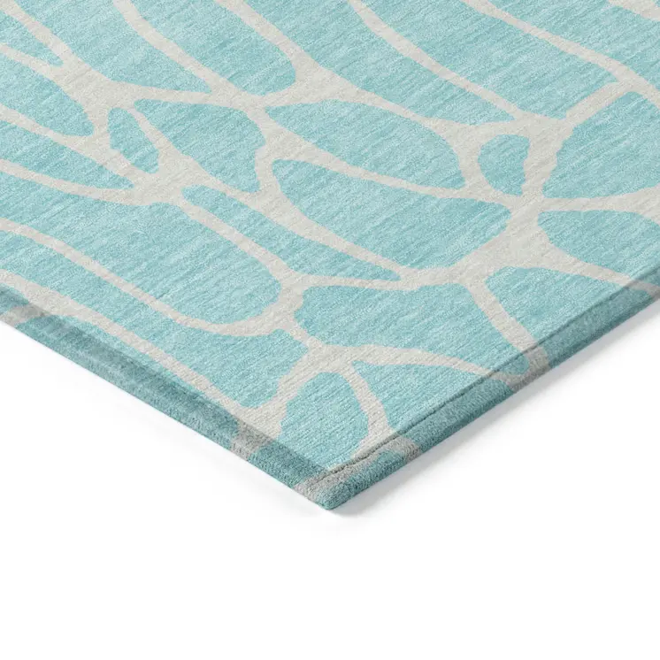 9' X 12' Aqua And Ivory Geometric Washable Indoor Outdoor Area Rug