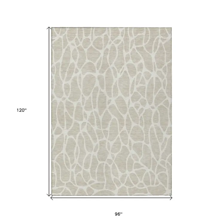 8' X 10' Beige And Ivory Geometric Washable Indoor Outdoor Area Rug