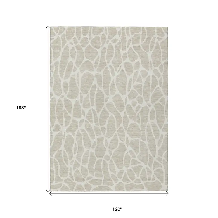 10' X 14' Beige And Ivory Geometric Washable Indoor Outdoor Area Rug