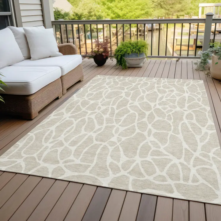 10' X 14' Beige And Ivory Geometric Washable Indoor Outdoor Area Rug