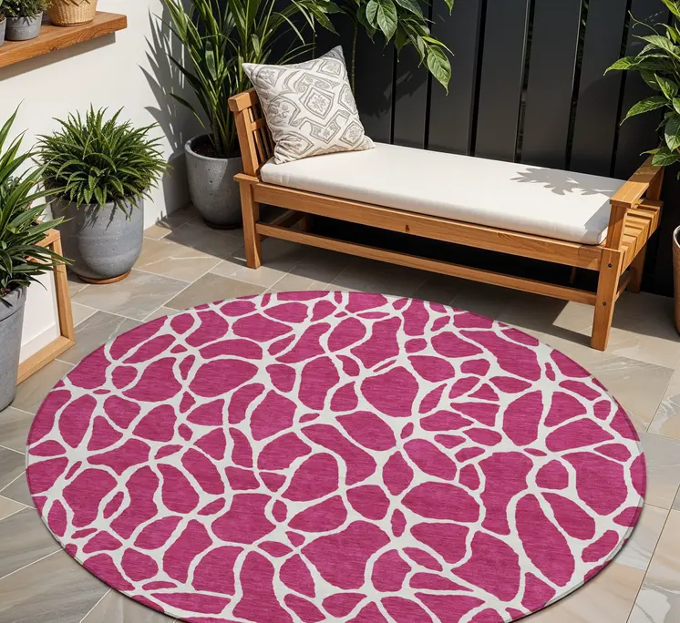8' Blush And Ivory Round Geometric Washable Indoor Outdoor Area Rug