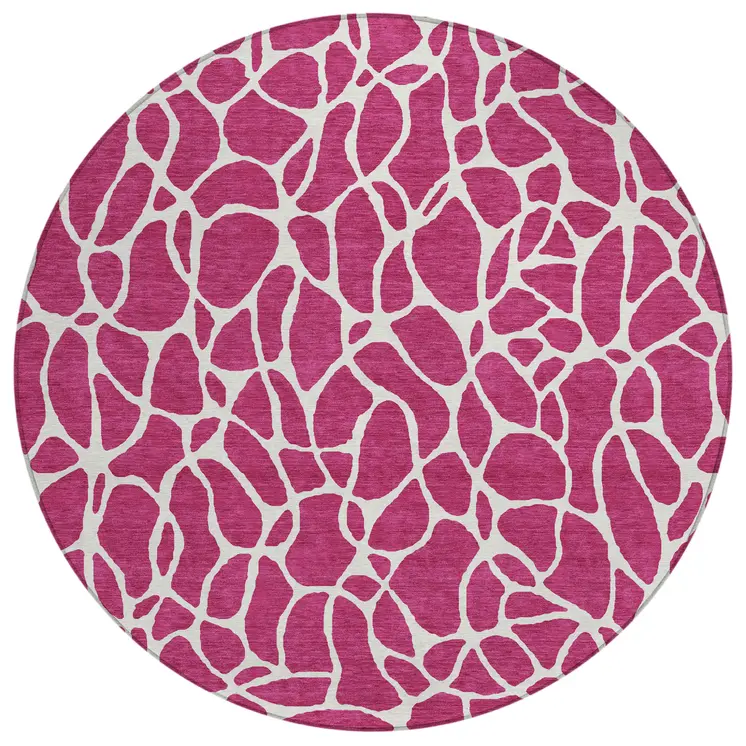 8' Blush And Ivory Round Geometric Washable Indoor Outdoor Area Rug