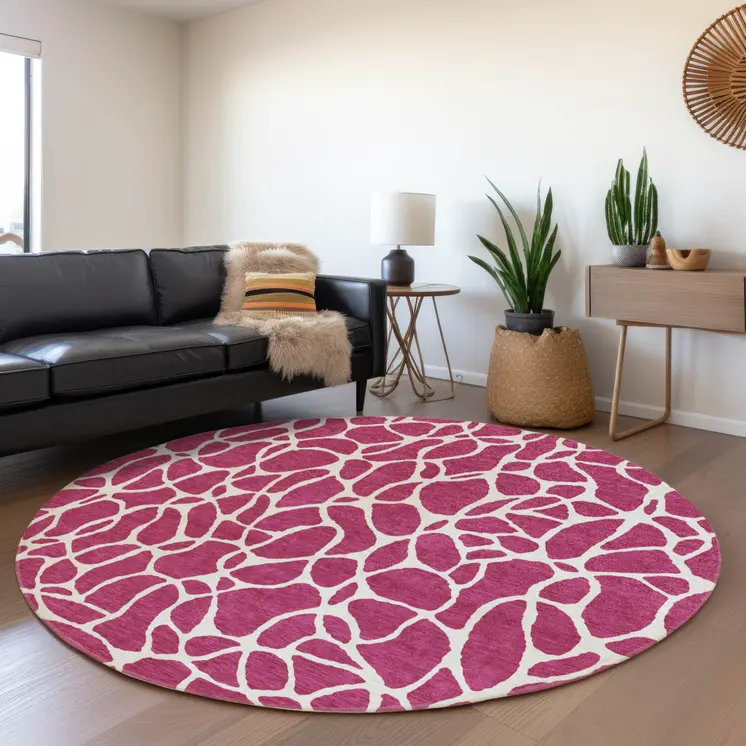 8' Blush And Ivory Round Geometric Washable Indoor Outdoor Area Rug