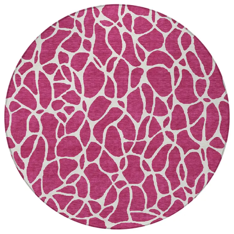 8' Blush And Ivory Round Geometric Washable Indoor Outdoor Area Rug