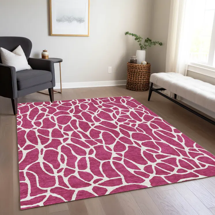10' X 14' Pink And Ivory Geometric Washable Indoor Outdoor Area Rug