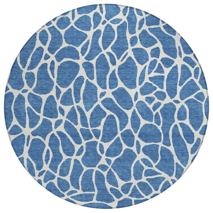 8' Blue And Ivory Round Geometric Washable Indoor Outdoor Area Rug