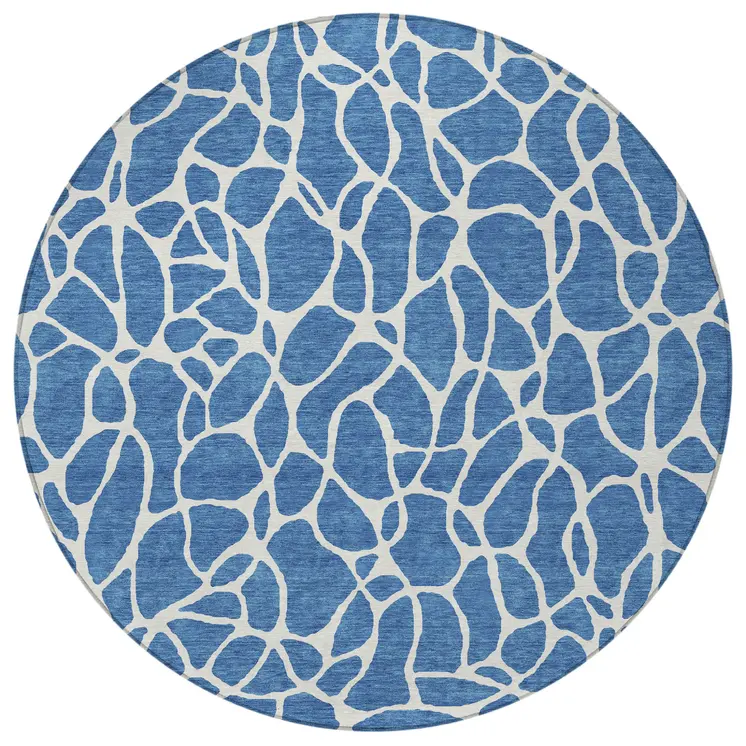 8' Blue And Ivory Round Geometric Washable Indoor Outdoor Area Rug