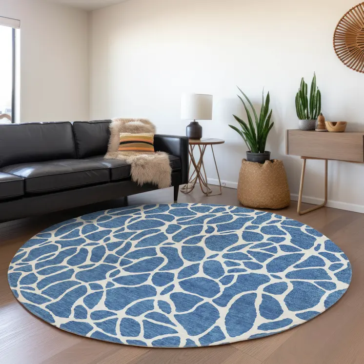 8' Blue And Ivory Round Geometric Washable Indoor Outdoor Area Rug