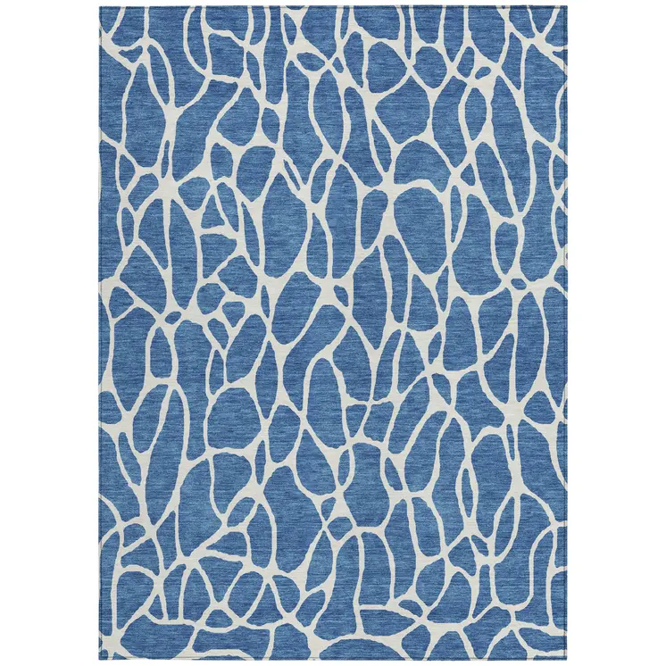 9' X 12' Blue And Ivory Geometric Washable Indoor Outdoor Area Rug