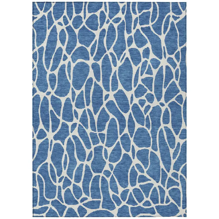 9' X 12' Blue And Ivory Geometric Washable Indoor Outdoor Area Rug