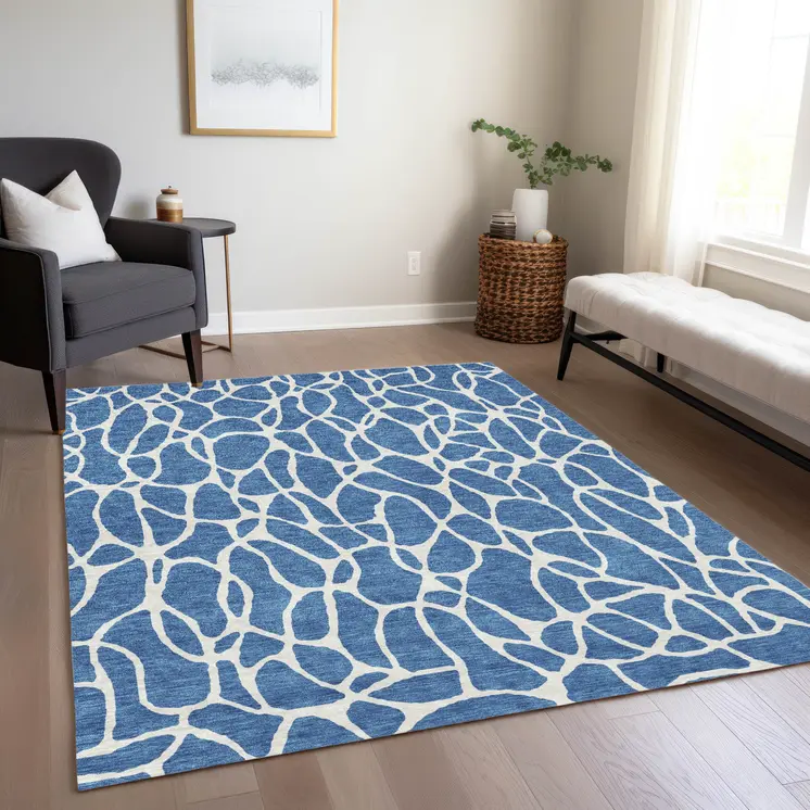 9' X 12' Blue And Ivory Geometric Washable Indoor Outdoor Area Rug
