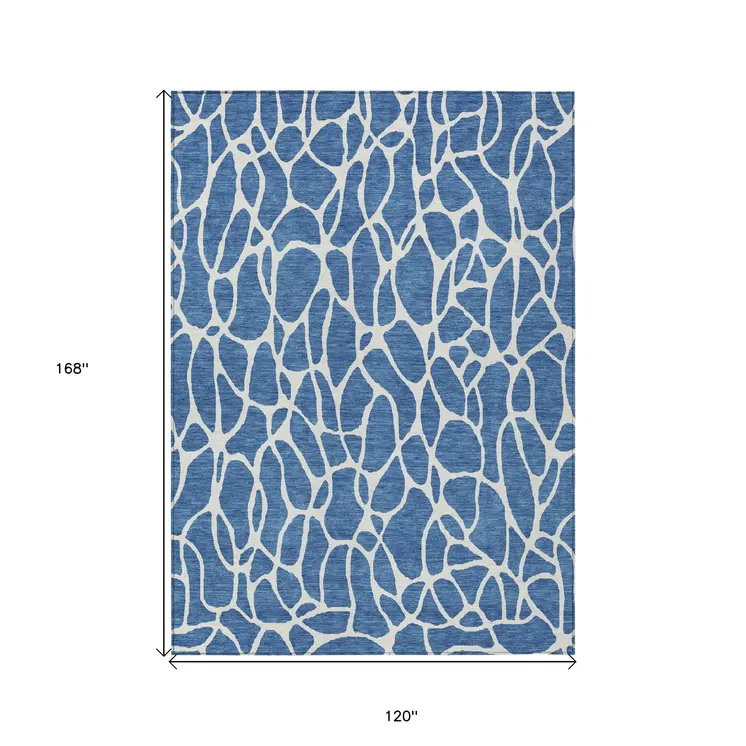 10' X 14' Blue And Ivory Geometric Washable Indoor Outdoor Area Rug