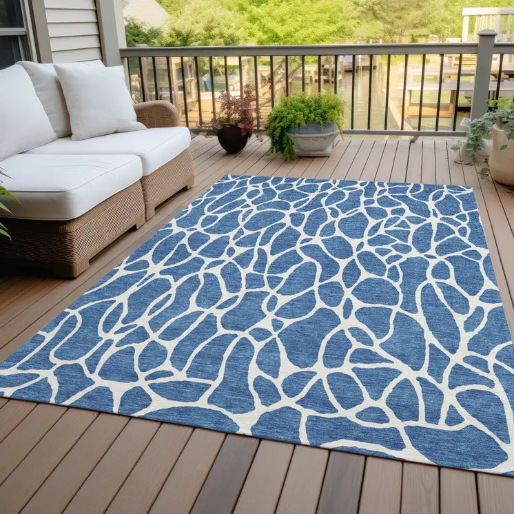10' X 14' Blue And Ivory Geometric Washable Indoor Outdoor Area Rug