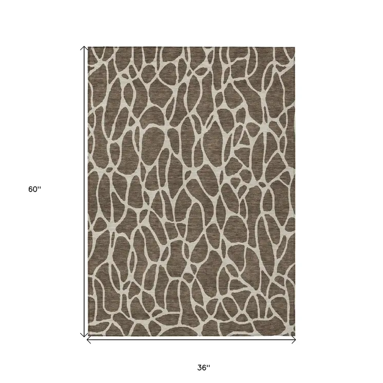 3' X 5' Brown And Beige Geometric Washable Indoor Outdoor Area Rug