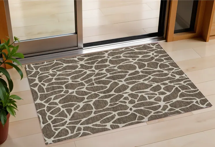 3' X 5' Brown And Beige Geometric Washable Indoor Outdoor Area Rug