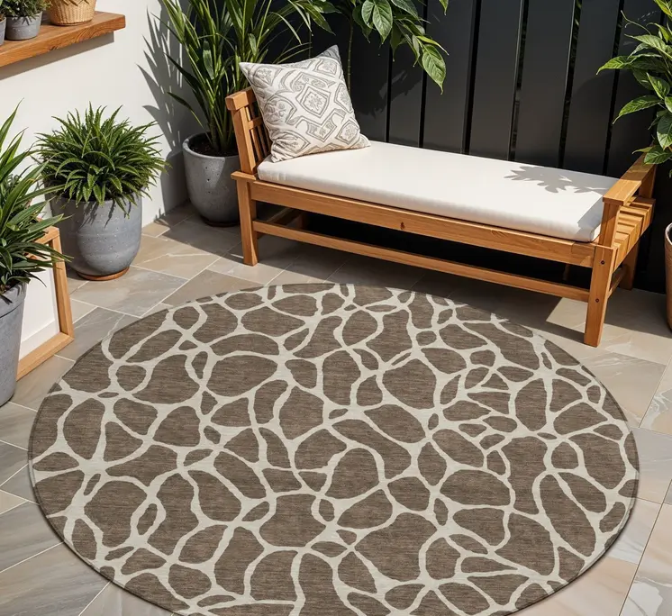 8' Brown And Beige Round Geometric Washable Indoor Outdoor Area Rug
