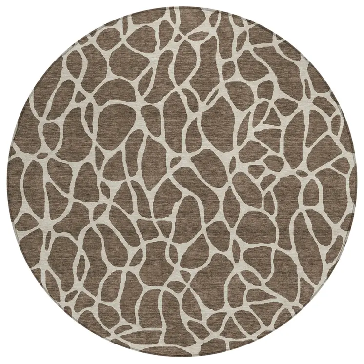8' Brown And Beige Round Geometric Washable Indoor Outdoor Area Rug