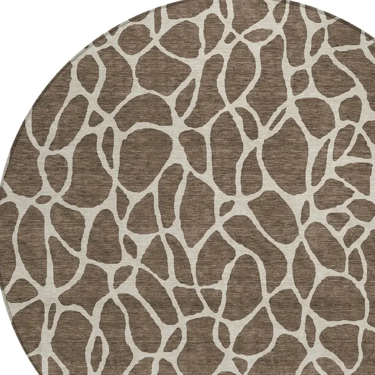 8' Brown And Beige Round Geometric Washable Indoor Outdoor Area Rug