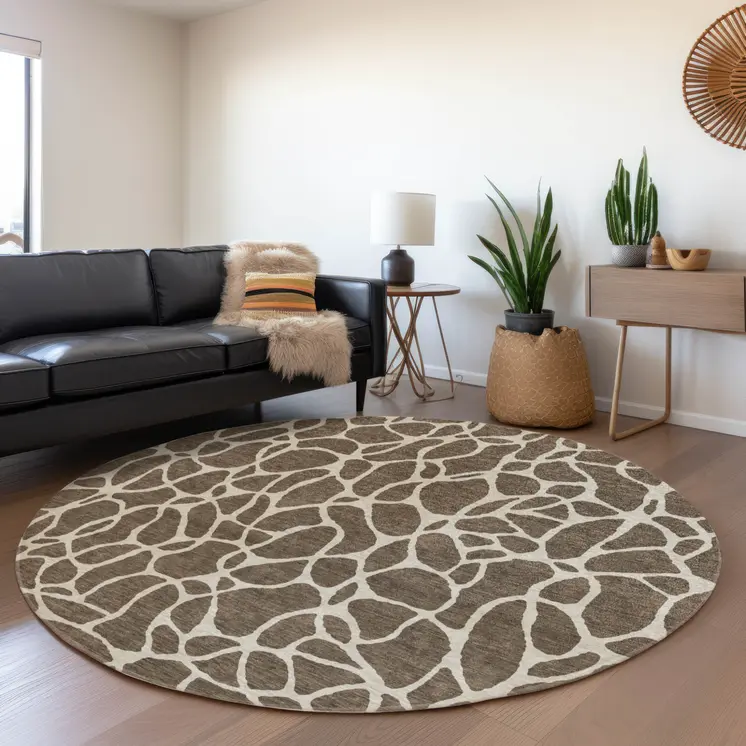 8' Brown And Beige Round Geometric Washable Indoor Outdoor Area Rug