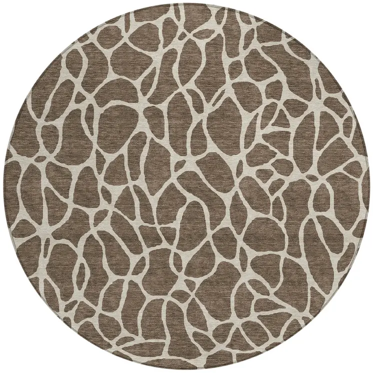 8' Brown And Beige Round Geometric Washable Indoor Outdoor Area Rug