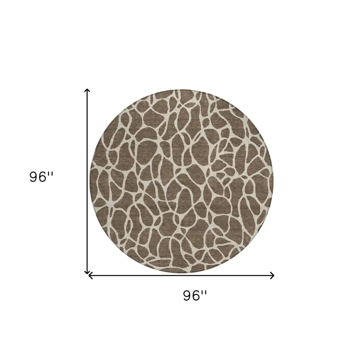 8' Brown And Beige Round Geometric Washable Indoor Outdoor Area Rug