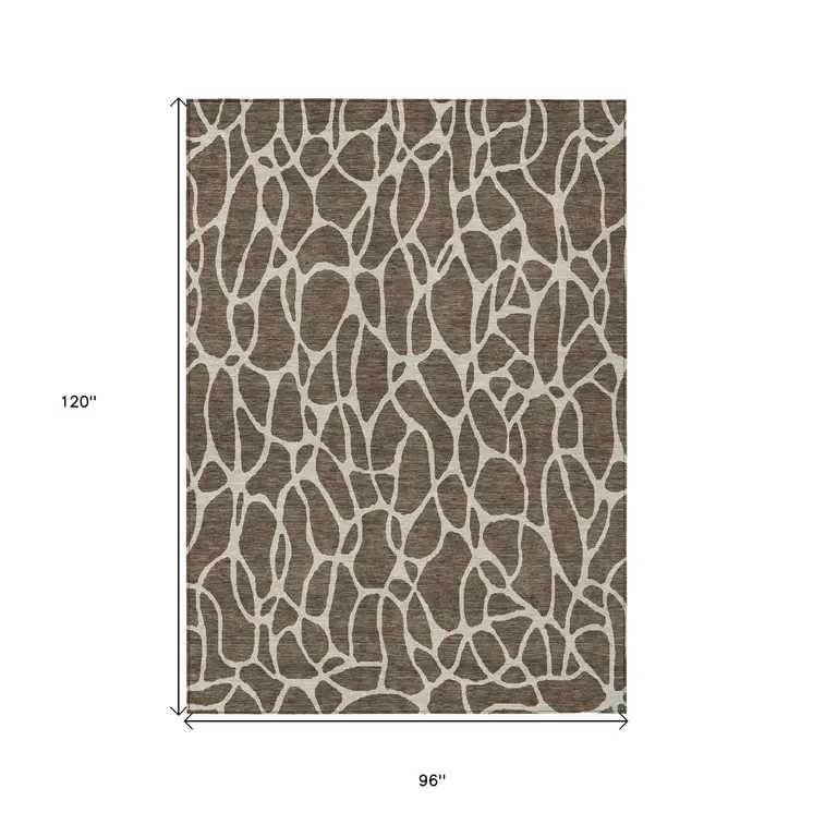 8' X 10' Brown And Beige Geometric Washable Indoor Outdoor Area Rug