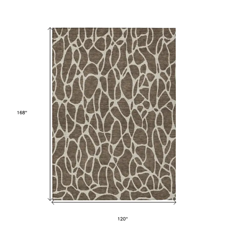 10' X 14' Brown And Beige Geometric Washable Indoor Outdoor Area Rug