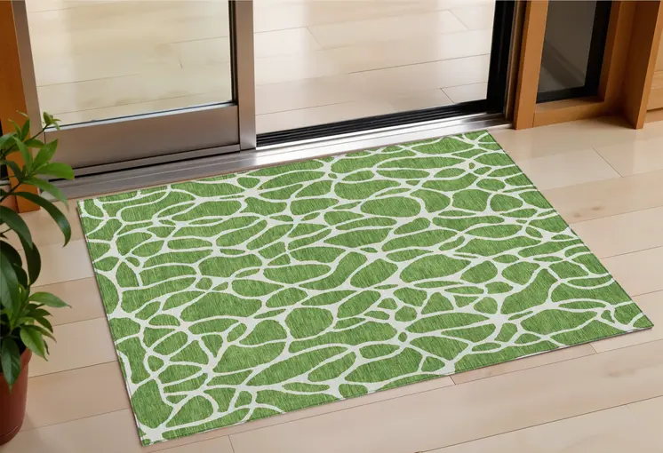 3' X 5' Green And Ivory Geometric Washable Indoor Outdoor Area Rug