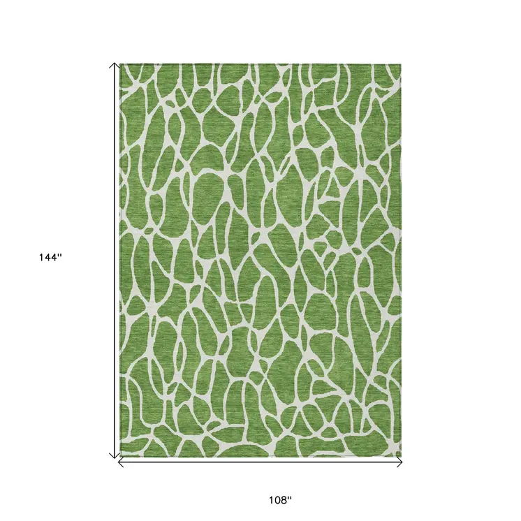 9' X 12' Green And Ivory Geometric Washable Indoor Outdoor Area Rug