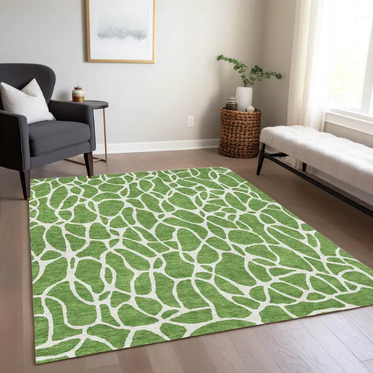 9' X 12' Green And Ivory Geometric Washable Indoor Outdoor Area Rug