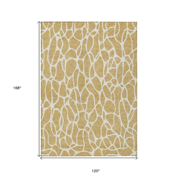 10' X 14' Gold And Ivory Geometric Washable Indoor Outdoor Area Rug
