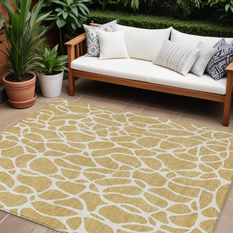 10' X 14' Gold And Ivory Geometric Washable Indoor Outdoor Area Rug