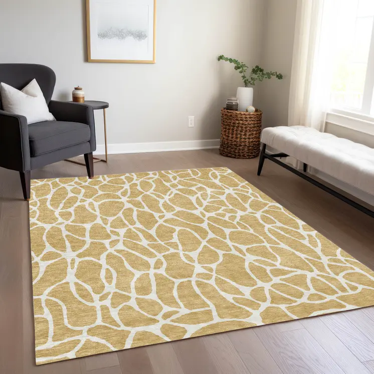 10' X 14' Gold And Ivory Geometric Washable Indoor Outdoor Area Rug