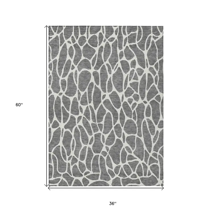 3' X 5' Gray And Ivory Geometric Washable Indoor Outdoor Area Rug