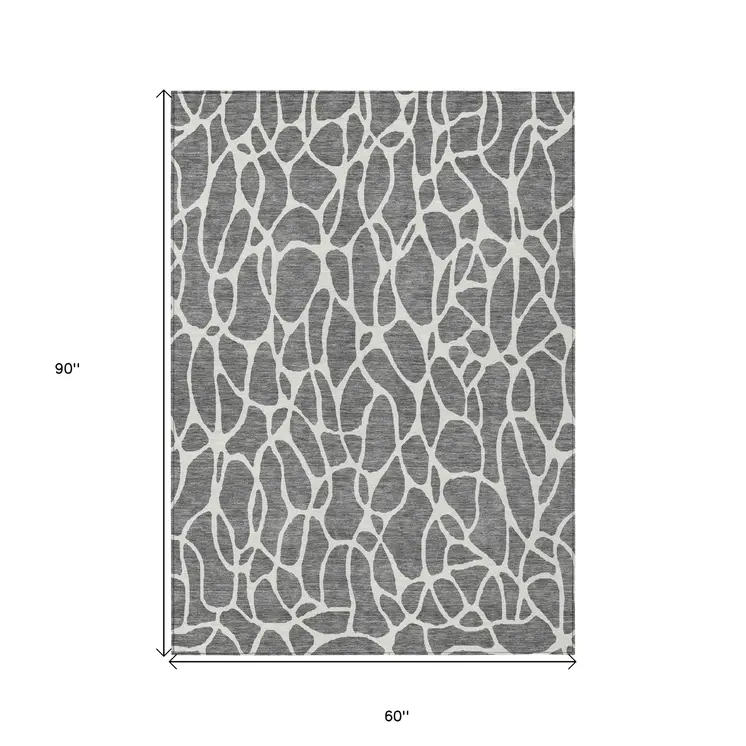 5' X 8' Gray And Ivory Geometric Washable Indoor Outdoor Area Rug