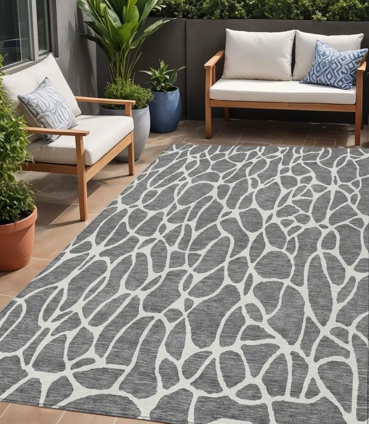 5' X 8' Gray And Ivory Geometric Washable Indoor Outdoor Area Rug