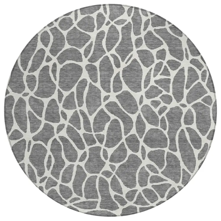 8' Gray And Ivory Round Geometric Washable Indoor Outdoor Area Rug